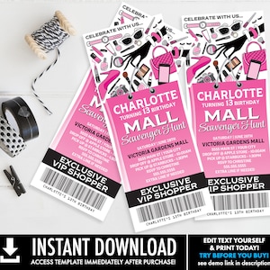 Mall Scavenger Ticket Invitation, Birthday Party Ticket Invite | Self-Editing with CORJL - INSTANT DOWNLOAD Printable Template