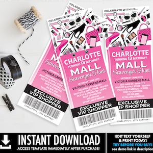 Mall Scavenger Ticket Einladung, Birthday Party Ticket Invite | Selbstbearbeitung mit CORJL - INSTANT DOWNLOAD Printable Template