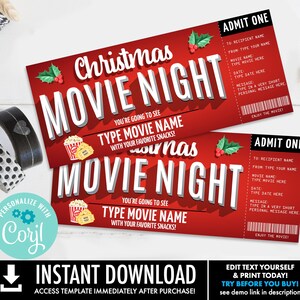 K&ouml;nnte beinhalten: Druckbare Weihnachts-Kinoabend-Ticketvorlage mit rotem und wei&szlig;em Text auf rotem Hintergrund. Der Text lautet "Weihnachts-Kinoabend" und "Du wirst [Filmname einf&uuml;gen] mit deinen Lieblingssnacks sehen!"