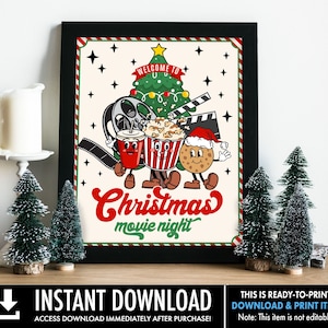 Retro Christmas Movie Night Welcome Sign,Christmas Movie Decor,Welcome Sign,Family Movie Night | Ready-To-Print INSTANT Download Printable
