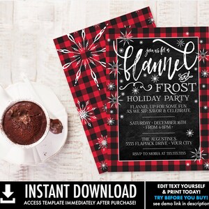 Pode incluir: Um convite para uma "Flannel and Frost Holiday Party" com um padrão xadrez vermelho e preto e detalhes de flocos de neve. O texto do convite inclui os detalhes do evento. Uma sobremesa de chocolate é visível em primeiro plano.