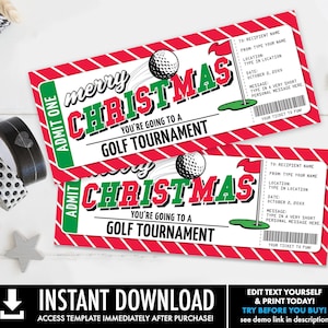 Boleto de golf de Navidad - Golf sorpresa, Torneo de golf, Certificado de regalo / Autoedición con CORJL - DESCARGA INSTANTE Imprimible