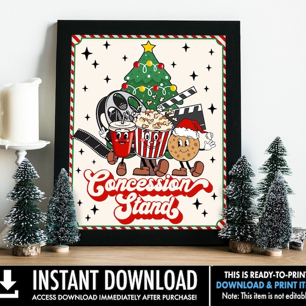 Retro Christmas Movie Night Concession Stand sign,Christmas movie decor,Family Movie Night | Ready-To-Print INSTANT Download PDF Printable