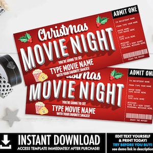 K&ouml;nnte beinhalten: Rote und wei&szlig;e druckbare Weihnachts-Kinoabend-Ticketvorlage mit Grafiken von Stechpalme und Popcorn. Der Text lautet "Weihnachts-Kinoabend" und "Sie werden [Type Movie Name] mit Ihren Lieblingssnacks sehen!"