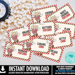 Retro Christmas Movie Popcorn Bar Labels, Popcorn Toppings Signs,Retro Cinema Ticket | Self-Edit with CORJL-INSTANT DOWNLOAD Printable