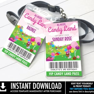Candy Land Party VIP Badge, Candyland All Access Pass, ID badge, Party Favor | Self-Edit with CORJL - Instant Download Printable