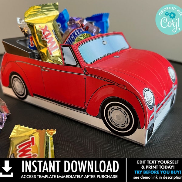 Beetle Bug Box - Retro Car Favor Box, Baby Shower, Wedding, Cupcake Box, Food Tray - RED - Instant download DIY Printable PDF Kit