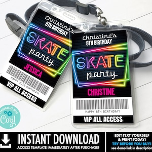 Roller Skate Glow Party VIP Badge, Skate Party,Skate Glow Party All Access Pass | Self-Edit with CORJL - INSTANT Download Printable Template