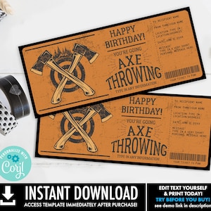 Axt Werfen Geburtstagsgeschenk, Geschenkgutschein, Holzfäller Geburtstag, Überraschung Geschenk Gutschein | Selbst bearbeiten mit CORJL-INSTANT DOWNLOAD Printable
