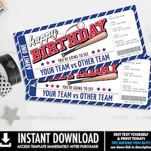 Birthday Baseball Ticket Gift Editable Template - Surprise Birthday Baseball Game Ticket | Self-Edit with CORJL - INSTANT DOWNLOAD Printable