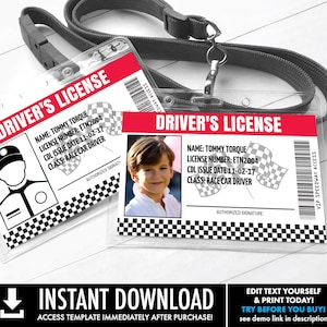 Rijbewijs raceauto - ID-badge, verjaardag auto, kentekenbewijs, rood | Personaliseer met CORJL: afdrukbare sjabloon direct downloaden