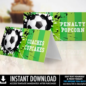Etiquetas de comida de futebol - aniversário de futebol, festa de futebol, cartão de lugar, barraca de mesa | Autoedição com CORJL - Download INSTANTÂNEO para impressão