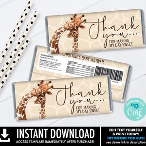Giraffe Baby Shower Candy Bar Label, Candy Bar Label, Party Favor | Self-Edit with CORJL - Instant DOWNLOAD Printable