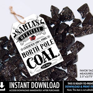 Pode incluir: Etiqueta de favor imprimível com texto preto e branco que diz "Santa's Official Certified 100% Pure North Pole Coal Est 1866". A etiqueta é impressa em cartão branco e tem uma fita vermelha amarrada em volta. A etiqueta está sobre um monte de pedras de carvão preto. A etiqueta mede 6,35 cm por 9,53 cm.