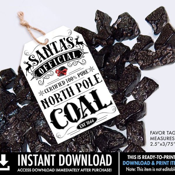 Christmas Coal Favor Tag, Santa's North Pole Coal, Santa's Naughty List, Stocking Stuffer | Ready-To-Print INSTANT Download PDF Printable