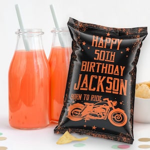 May include: Editable printable chip bag template with a black background and orange text. The text reads "Happy 50th Birthday Jackson Born to Ride". A motorcycle graphic is in the center of the bag.