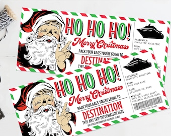 Könnte beinhalten: Eine druckbare Weihnachts-Reiseticket-Vorlage mit einem Cartoon-Weihnachtsmann mit dem Text "Ho Ho Ho! Frohe Weihnachten" und "Packen Sie Ihre Taschen, Sie fahren nach Destination".