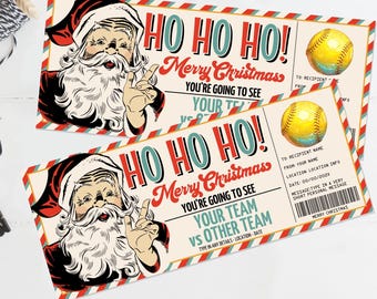 Christmas Softball Ticket Gift Certificate, Football Game Ticket Gift Voucher,Santa, Last Minute | Edit on CANVA-INSTANT DOWNLOAD Printable