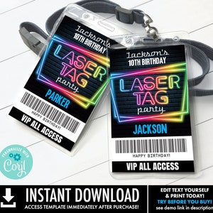 Laser Tag Glow Party VIP Invite Badge,I.D. Badge,Laser Tag All Access Pass | You Personalize using CORJL–INSTANT Download Printable Template