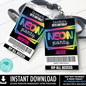 Neon Party VIP-badge, Neon Glow-thema, Glow Party alle toegangspas | Zelf bewerken met CORJL - INSTANT download afdrukbare sjabloon