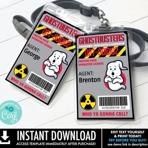 Ghost-ID Badges - ghost-movie inspired ID Badge, Birthday Party Favor | Self-Edit with CORJL - Instant Download Printable Template