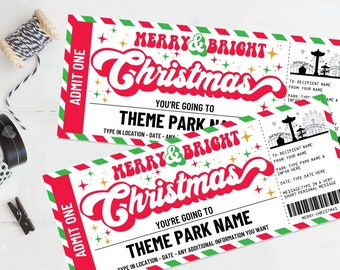 May include: Printable Christmas theme park ticket template with red, green, and white stripes. The text says "Merry & Bright Christmas" and "You're going to Theme Park Name".