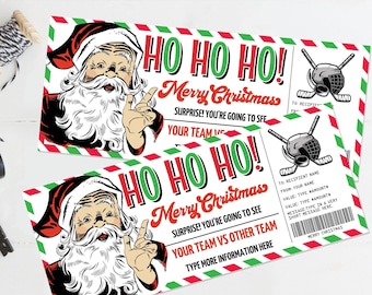 May include: A printable Christmas ticket with a vintage illustration of Santa Claus. The ticket says "Ho Ho Ho! Merry Christmas" and "Surprise! You're going to see your team vs other team".