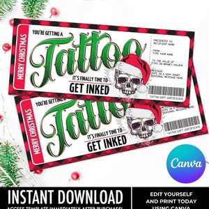 Certificado de regalo de Navidad para tatuajes, diseño de calavera, vale de regalo Get Inked, vale de regalo de último minuto / Edición con CANVA: DESCARGA INSTANTÁNEA