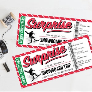 Billete de viaje de snowboard para Navidad: vale regalo sorpresa, vacaciones de esquí, regalo de último momento / Edición con CANVA - DESCARGA INSTANTÁNEA