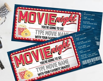 May include: Two printable movie night tickets with a retro design. The tickets are red, white, and blue with a popcorn bucket and movie ticket graphic. The text on the tickets says "Movie Night" and "You're going to see [Type Movie Name] with your favourite [Snacks/Movies]".