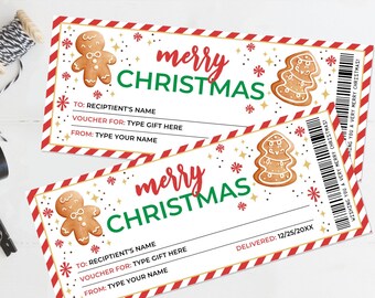 May include: Printable Christmas gift voucher template with a gingerbread man and tree design. The template has red and white stripes, gold stars, and the text "merry christmas".