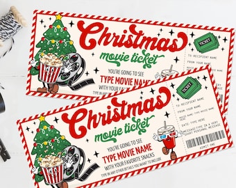 May include: Two Christmas movie tickets with a red and cream border. The tickets feature a Christmas tree, popcorn, film reel, and the text "Christmas movie ticket". The tickets are designed to be personalized.