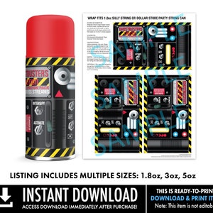 May include: Printable Ghostbusters themed party favor labels for 1.8 ounce, 3 ounce, and 5 ounce silly string cans. The labels feature a black and yellow design with the Ghostbusters logo and the text "Do Not Cross Streams".