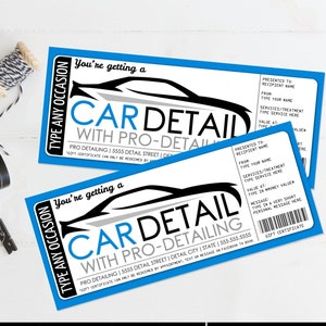 May include: Two blue and white car detail gift certificates with the text "CAR DETAIL WITH PRO-DETAILING". The certificates have space to fill in recipient and service details. The bottom of the image has the text "INSTANT DOWNLOAD" and "EDIT YOURSELF AND PRINT TODAY USING CANVA".