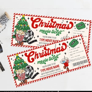 Retro Christmas Movie Tickets, Movie Tickets, Movie Night Gift Voucher, Family Night, Last Minute | Edit on CANVA-INSTANT DOWNLOAD Printable