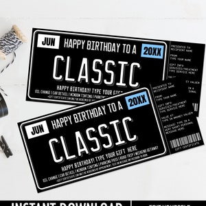 Birthday Gift Certificate, Happy Birthday to a Classic License Plate Surprise Any Gift Voucher | Edit on CANVA–INSTANT DOWNLOAD Template