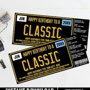 Birthday Gift Certificate, Happy Birthday to a Classic License Plate Surprise Any Gift Voucher | Edit on CANVA–INSTANT DOWNLOAD Template