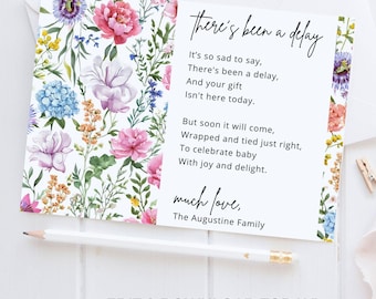 Floral Delayed Gift Delivery Card, IOU a Gift, Present Gift Note, Delivery Delayed Gift, Birthday, Bridal Baby Shower Gifts | Edit on Canva