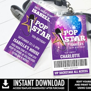 Pop Star Party VIP Badge Invitation,Party like a Pop Star,Rock n Roll,All Access | Edit with CANVA INSTANT Download Printable Template