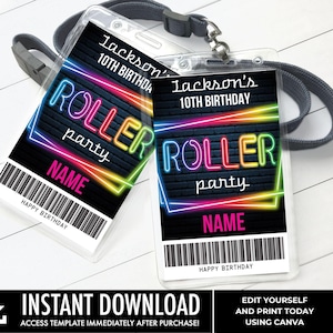 Roller Skate Glow Party VIP Badge,Skate Party,Skate Glow Party All Access Pass | Edit using CANVA–INSTANT Download Printable Template