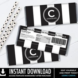 May include: Printable black and white striped chocolate bar wrapper template with a circle containing the letter "C" and the word "Chocolate" in white text. The wrapper has the text "Thanks for coming! Your friend, Charlie" and "Happy Birthday".