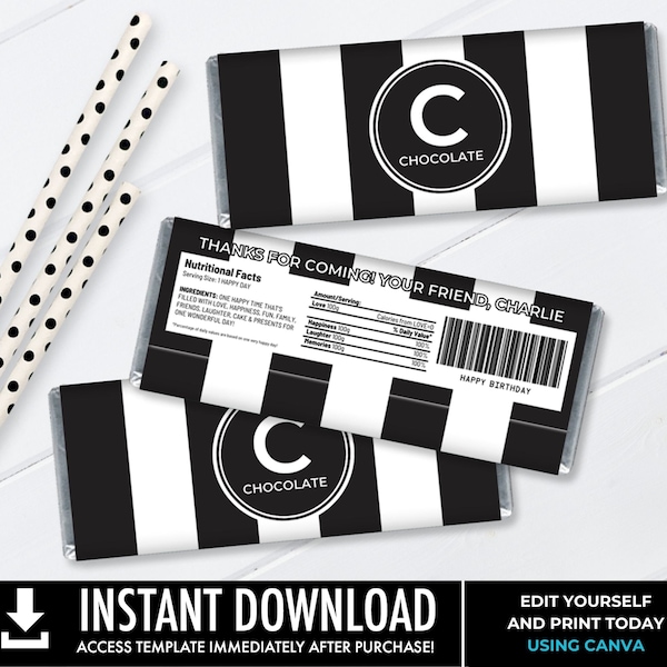 Couture Bridal Baby Shower Candy Bar Label/Wrapper, Black & White Stripe Shower Favor, Wedding Favor | Edit using CANVA–INSTANT DOWNLOAD