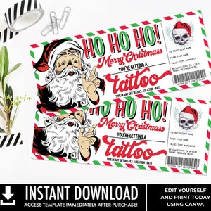Certificado de regalo de tatuaje navideño, finalmente es hora de hacerse un tatuaje, vale de regalo, calavera retro de Papá Noel / Autoedición con CANVA-DESCARGA INSTANTÁNEA Imprimible
