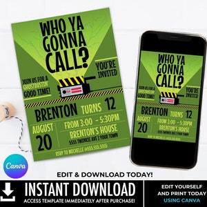 May include: Green and yellow printable invitation for a Ghostbusters themed birthday party. The invitation features a cartoon image of the Ghostbusters' proton pack and the text "Who ya gonna call?"  The invitation is for a boy named Brenton turning 12 years old. The party is on August 20th from 3:00 to 5:30 PM at Brenton's house. The address is 5555 Twinkie Ave. RSVP to Michelle at 555-555-5555.