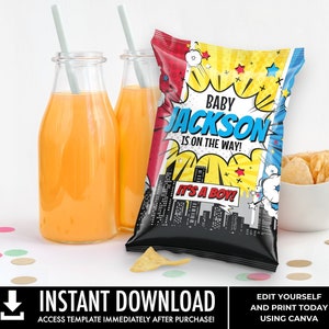 Baby Shower Superhero Chip Bag Wrap - Superhero Favor, Potato Chip Bag Wrapper | Edit with CANVA - INSTANT DOWNLOAD Printable Template