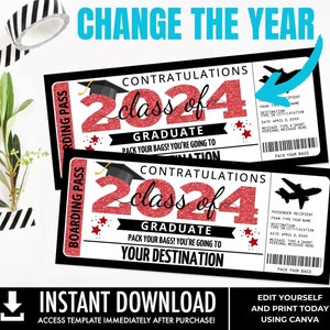 May include: Two printable boarding pass designs for a graduation party. The passes are black and white with red glitter text that says "Congratulations Class of 2024 Graduate". The text is surrounded by red stars and a graduation cap. The passes also have a small airplane graphic.