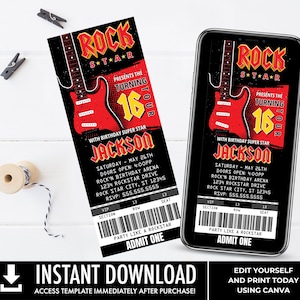 Rockstar Party Ticket Invitations, Party like a Rockstar, Rock n Roll Birthday | Self-Edit with CANVA - INSTANT DOWNLOAD Printable Template