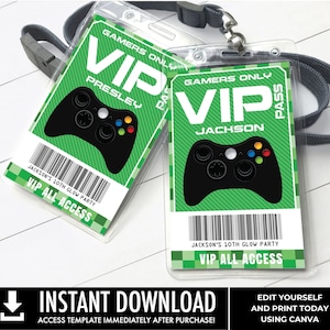 Badges de jeux vidéo - Carte d'identité de jeu vidéo VIP Badges, Jeu vidéo d'anniversaire, ruck Party | Modifiez à l'aide de CANVA - Modèle imprimable à téléchargement instantané