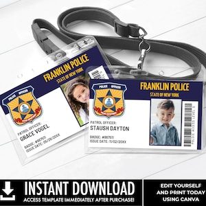 Badges d'identité de police - pièce d'identité pour les premiers intervenants Insignes, cotillons de police, anniversaire de police | Modifiez avec CANVA - Modèle imprimable à téléchargement instantané