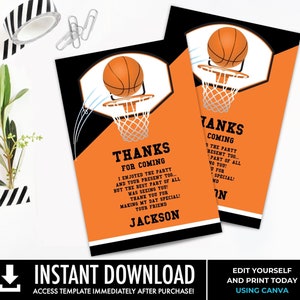 Nota de agradecimiento de baloncesto - fiesta de baloncesto, cumpleaños de baloncesto, tarjeta de agradecimiento / editar con CANVA - Descarga INSTANTÁNEA imprimible